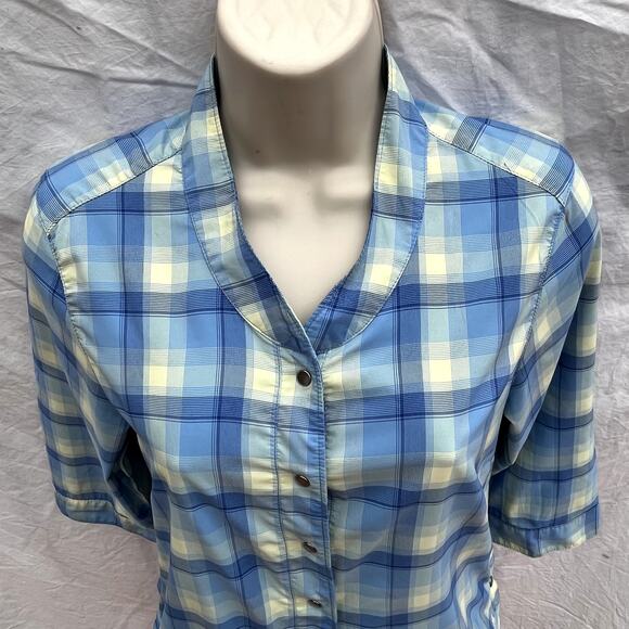Helly Hansen Blue Plaid Snap Front Shirt 3/4 Sleeve Pockets Womens XS Pockets - Picture 2 of 10